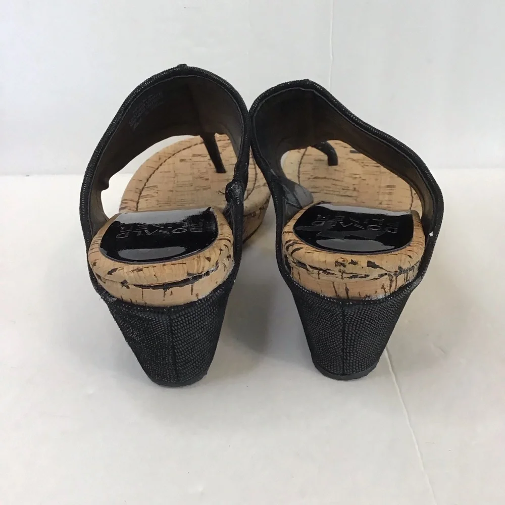 DONALD PLINER Women's Black Leather Cork GIL Wedge Flip Flops Sandals 8